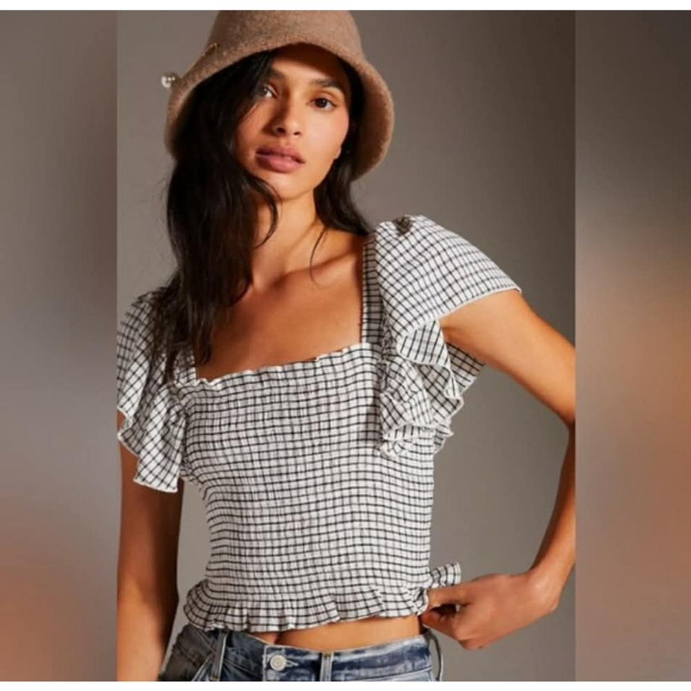 Anthropologie Maeve Crinkle Gingham Smocked Top Ruffle Flutter Sleeve Medium EUC - Picture 4 of 8